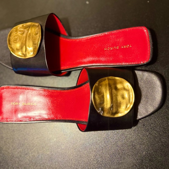 Tory Burch Black and Gold Slide Sandals